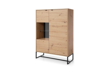 AMBER_witryna_niska_2D_c meble pokojowe AMBRA, meble do salonu, dąb artisan komoda, witryna przeszklona, szafka rtv, witryna na nóżkach, komoda na metalowym stelażu.jpg