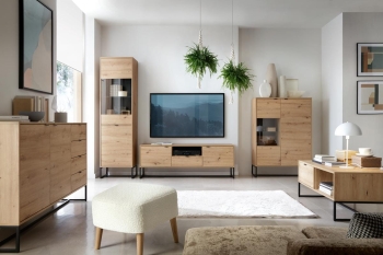 AMBER_02 meble pokojowe AMBRA, meble do salonu, dąb artisan komoda, witryna przeszklona, szafka rtv, witryna na nóżkach, komoda na metalowym stelażu.jpg