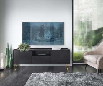 HARMONY RTV-144 czarne meble pokojowe HARMONIA, komoda złote nóżki, komoda do salonu czarna, szafka rtv, witryna na nóżkach złotych, komoda marmur, ława na złotych nogach.jpg