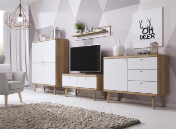 Półka_P107 meble pokojowe VIVO dąb biały, komoda na drewnianych nogach, styl skandynawski, witryna na drewnianych nogach, szafka rtv biała, komoda dąb riviera, witryna biała, komoda do salonu biała, komoda na nogach