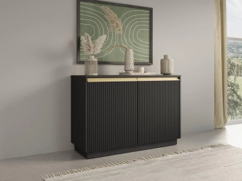Piaski 23 12 08 Nova komoda 2 czarny otwarte biale tlo Meble pokojowe KING frezowanefronty, komoda beż czarny złoty, szafka rtv frezowana, komoda , komoda metalowe nogi biała, szafka pod telewizor frezowana, komoda biała frezowana