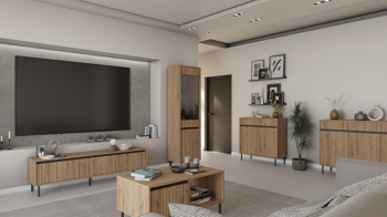 Meblościanka do salonu ASOKA dąb evoke witryna drewniana na nóżkach komoda stolik rtv