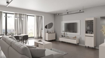 Meble do salonu ASOKA na nóżkach szafka rtv komoda witryna beż piaskowy