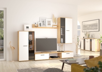 Meblościanka pokojowa SALSA komoda KUBE wityna wisząca LED