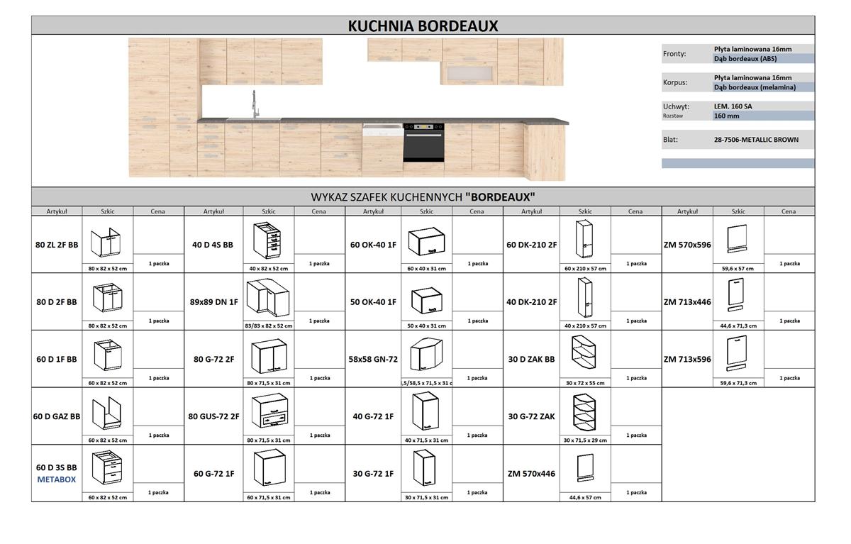 Meble kuchenne, modułowe BORDEAUX kuchnia na wymiar wykaz szafek
