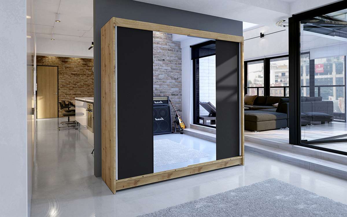 talin2_artisan_czarny,180cm Szafa TALIN (KLEO), szafa przesuwna, garderoba, szafa do sypialni, szafa z lustrem.jpg