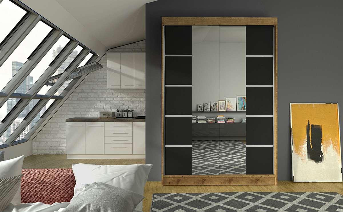 lino5_artisan_czarny,120cm Szafa LINO (CELINA), szafa przesuwna, garderoba, szafa do sypialni, szafa z lustrem.jpg